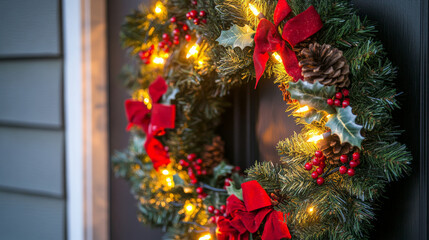 beautiful holiday wreath made from fresh pine branches, adorned with red bows, pine cones, and bright lights, creating warm festive atmosphere