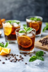 A refreshing beverage with lemon and mint, served in glasses with coffee beans and citrus.