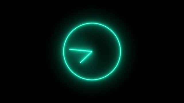 Clock icon neon light 24 hour day fast speed. Bright clock neon animation. Dark background.