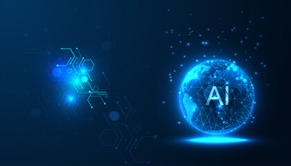 Blue background with glowing globe, globe in futuristic technology