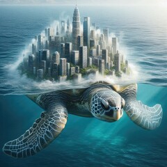 Majestic Sea Turtle City: A Surreal Urban Metropolis Built on a Giant Turtle's Back, Blending Nature and Architecture in a Stunning 8K Hyper-Realistic Oceanic Landscape