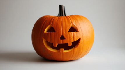 A classic jack-o'-lantern with a friendly grin, carved into a bright orange pumpkin