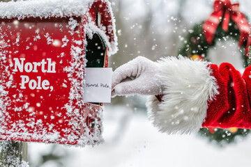 close up of hand in white glove placing letter into red mailbox labeled North Pole, surrounded by falling snow, evoking magical holiday spirit