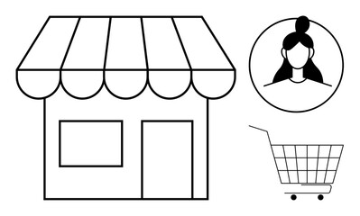 A storefront with an awning, a user profile picture, and a shopping cart. Ideal for online shopping, e-commerce, local business, customer service, and retail industry themes. Black and white vector