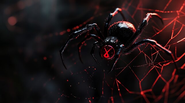 A close-up of a spider with glowing red eyes, sitting on a web. The spider is in focus, while the web is blurred in the background.