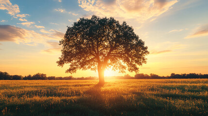 Fototapeta premium A rustic landscape with an old oak tree at sunset, providing a beautiful silhouette against the sky.