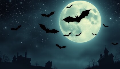 Halloween Night, Spooky House, Full Moon Bats