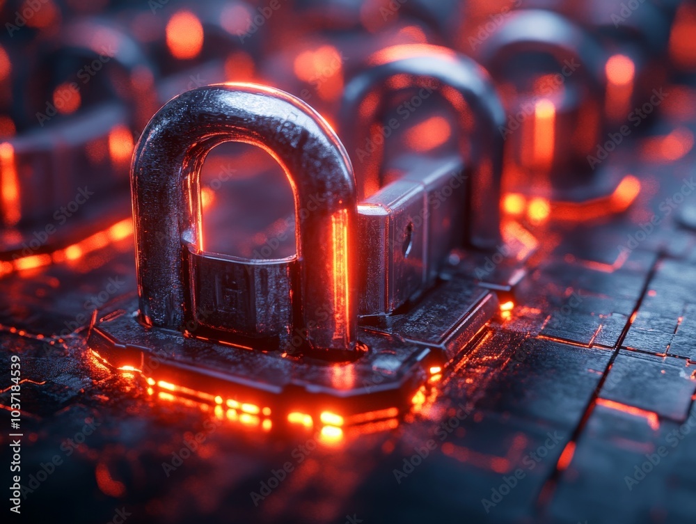 Poster digital padlock with glowing data security concept abstract circuitry