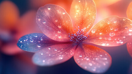 Fototapeta premium close up view of vibrant flower with delicate petals adorned with water droplets, showcasing beautiful blend of colors and textures that evoke sense of tranquility and freshness