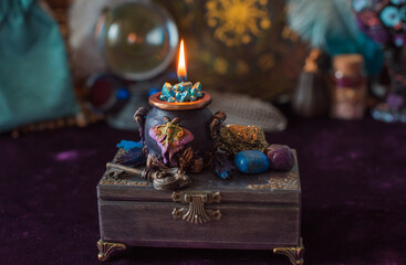 Negative energy is burning out. Mystical scene for esoteric content, candle is burning, flame. Fate and prediction 
