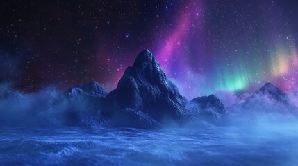 Naklejka premium Majestic Mountain in a Sea of Clouds Under Vibrant Aurora and Starry Night Sky