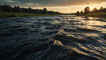 Obraz premium A river flows towards the viewer as the sun sets behind trees on the horizon.