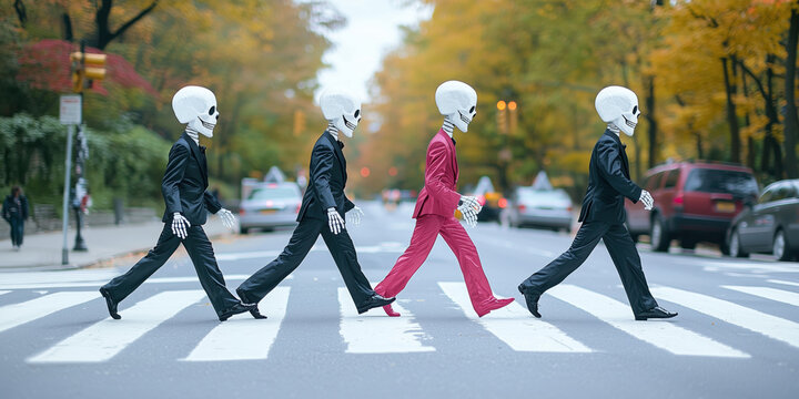 Four skeletons in black and pink suits, walking, crossing street on crosswalk in New York City, walking cross the street on pedestrian crossings as in abbey road concept, humor halloween party concept