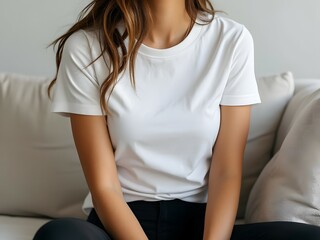 White bella canvas 3001 tshirt mockup on young woman in minimalist setting for apparel design. Mock up template for t-shirt design print area for logo or design