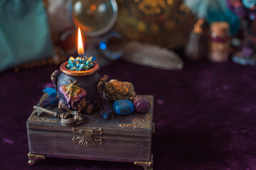 Negative energy is burning out. Mystical scene for esoteric content, candle is burning, flame. Fate and prediction 