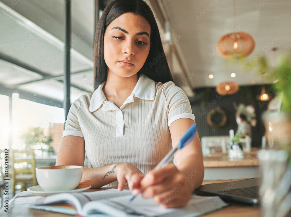 Wall mural girl, student and writing notes at coffee shop with planning for exam, assessment and remote e learn