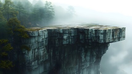 A stunning aerial view of a fog-covered cliff, showcasing jagged rock formations and lush green trees, evoking a sense of awe and tranquility.