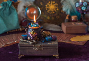 Negative energy is burning out. Mystical scene for esoteric content, candle is burning, flame. Fate and prediction 