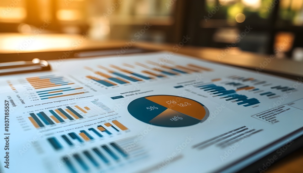 Poster A detailed report with various graphs, charts, and data visualizations presented on a flat surface in a bright, business-like environment.