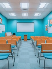  Simple classroom with turquoise walls, yellow chairs, and a projector, designed for presentations or academic lectures.