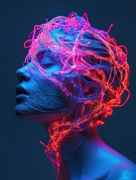  Human head filled with jumbled neon lights, symbolizing thoughts spinning out of control. Represents mental overload and chaos.