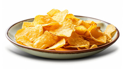 Plate of chips is sitting on a white background. The chips are golden and crispy, and they are piled high on the plate. Concept of indulgence and enjoyment
