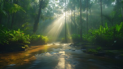 Obraz premium Sunbeams pierce through the canopy of a lush, tropical rainforest, illuminating a winding stream with morning mist.