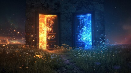 doors, fire, ice, fantasy, magic, nature, contrast, colors, landscape, surrealism, glowing, adventure, choice, freedom, ethereal, enchanting, mystical, beauty, exploration, transformation This image