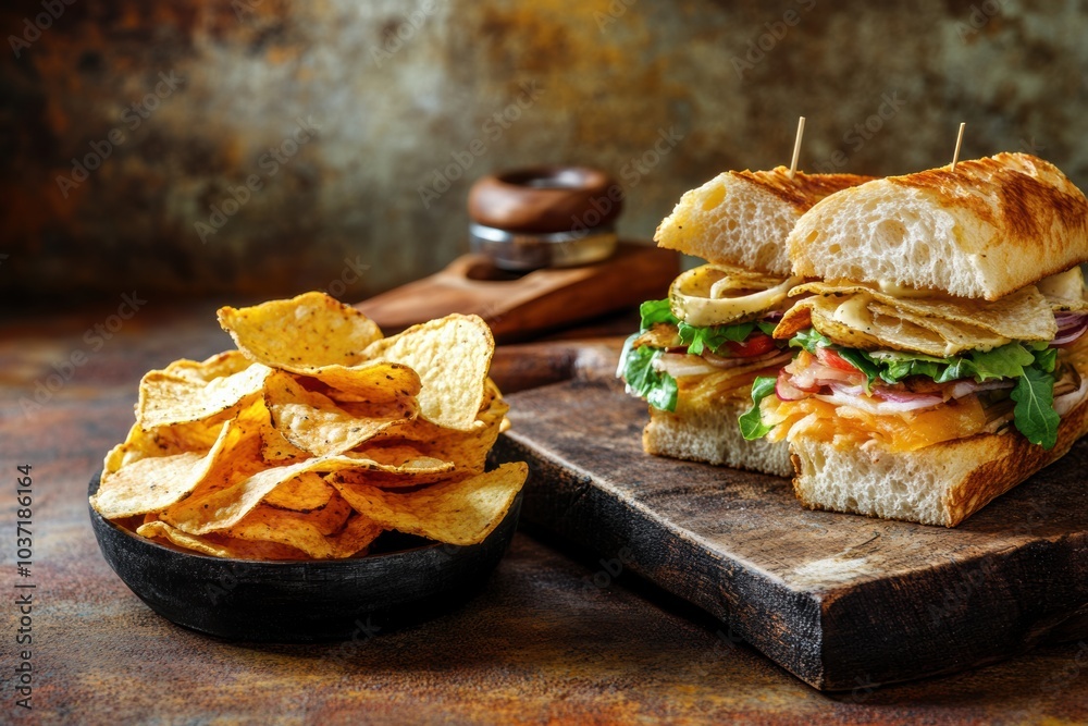 Aufkleber delicious layers of sandwich filled with vegetables and meats are served alongside a bowl of golden 