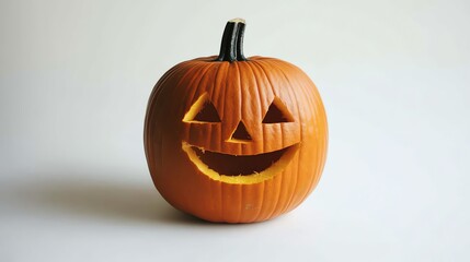 A carved pumpkin with a friendly face sits on a white background. The pumpkin is orange and has a green stem.