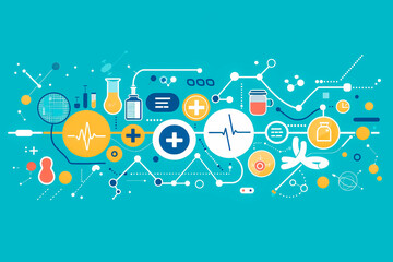 Obraz premium Healthcare and technology concept with flat icons and symbols. Template design for health care business, innovation medicine, science background, medical research. illustration