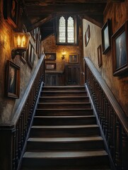  Narrow university staircase in an older campus section, featuring wrought-iron railings and creaky wooden steps. Rustic and full of character.