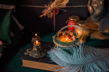 Negative energy is burning out. Mystical scene for esoteric content, candle is burning, flame. Fate and prediction 