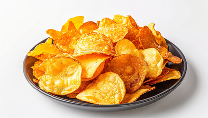 Plate of chips is sitting on a white background. The chips are golden and crispy, and they are piled high on the plate. Concept of indulgence and enjoyment