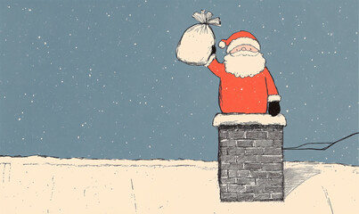 a hand drawn, sketch, drawing, doodle of playful funny whimsical santa claus putting presents, gift box, gift sack and going into a house chimney for christmas eve holidays night