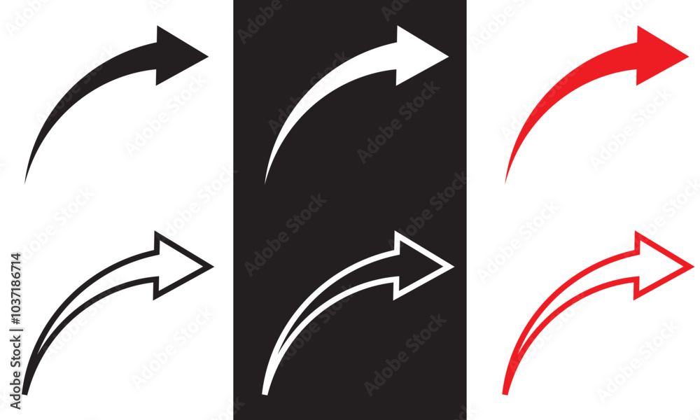 Wall mural red, black and white large forward or pointing solid long arrow icon sketched as vector symbol . vec