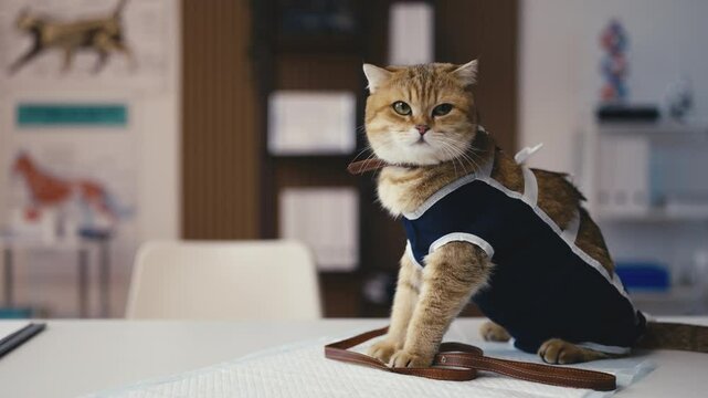 Displeased Golden Chinchilla cat in post surgery recovery suit, vet clinic rehab