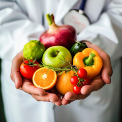 Doctor holding fresh fruit and vegetable, Healthy diet, Nutrition food as a prescription for good health.