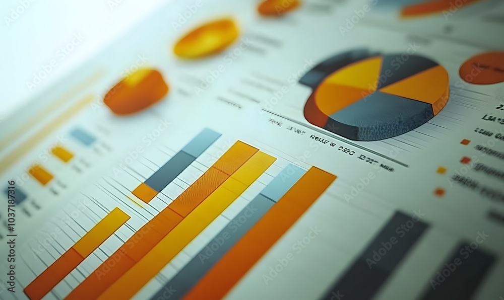 Poster A vibrant infographic showcasing various charts and graphs in orange and gray tones, illustrating data trends and statistics.