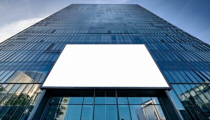 Obraz premium Blank white billboard on modern glass building, ready for custom design or advertisement.