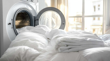 Close-up view of a modern, high-efficiency washing machine with the door open, revealing freshly washed white beddings sheerts inside, in bright white clean laundry room