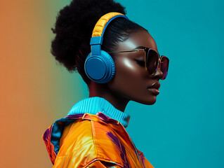 Futuristic female wearing headphone in vibrant color tone