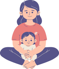 Mother holding her baby, both smiling, simple illustration