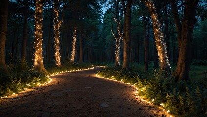 Obraz premium Twinkling lights outline the path.