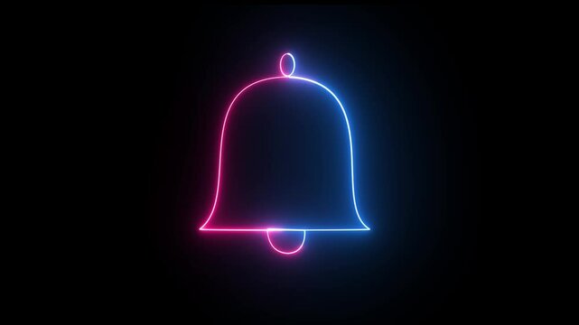 Glowing neon blue and pink color notification bell animation icon alert notice warning signal ring burning animated sign symbol on black background.