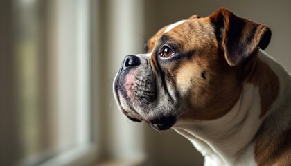 Side Profile of an Adorable Fat Bulldog with Focus on Nose in Soft Natural Light