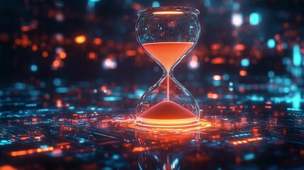 A modern hourglass stands in a glowing digital environment, merging the ideas of time and technology harmoniously.