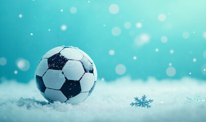 Fototapeta premium Soccer ball on New Year and Christmas winter decorations on blue light background, football, generated ai 