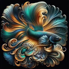 Ultra-Realistic 8K Illustration of a Betta Fish with Intricate Swirling Patterns, Ornate Fins, and Vibrant Colors, Inspired by Baroque Art and Nature’s Fluid Elegance