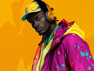 Fototapeta premium Futuristic male wearing headphone on vibrant color tone